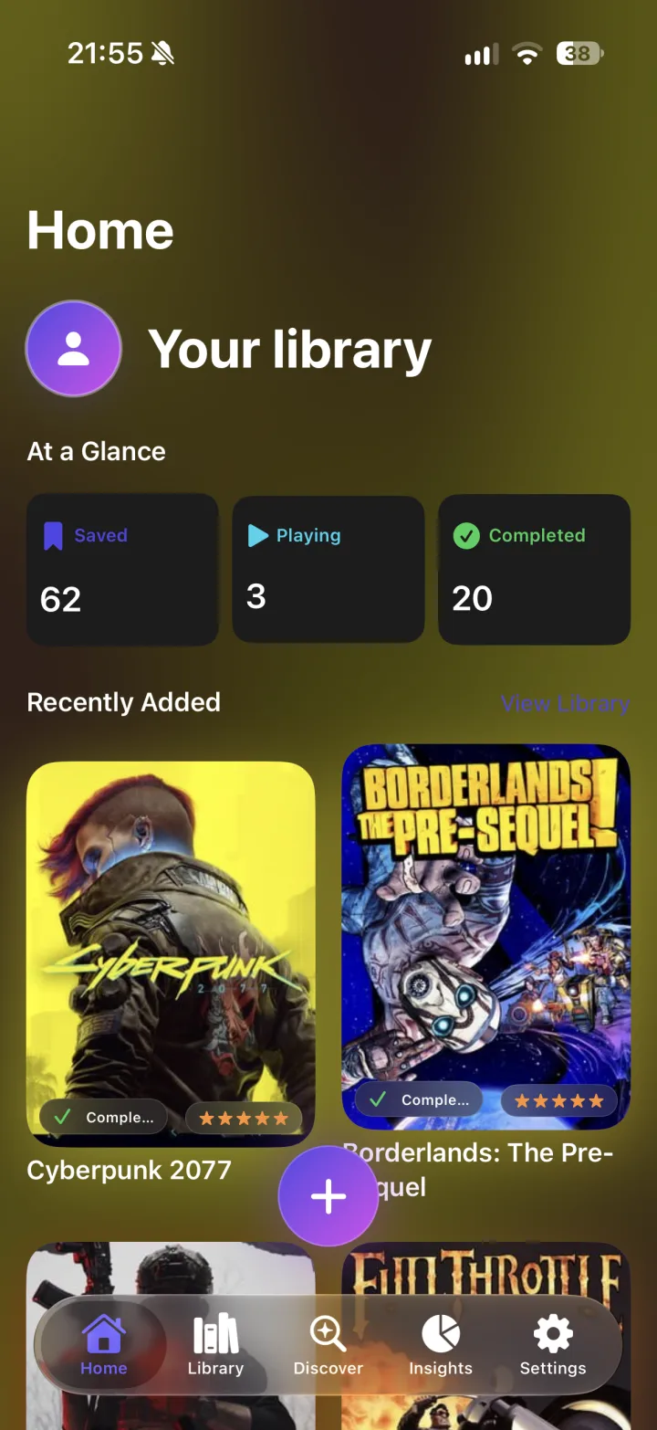 Games Bucket List home screen: library counts and recently added games
