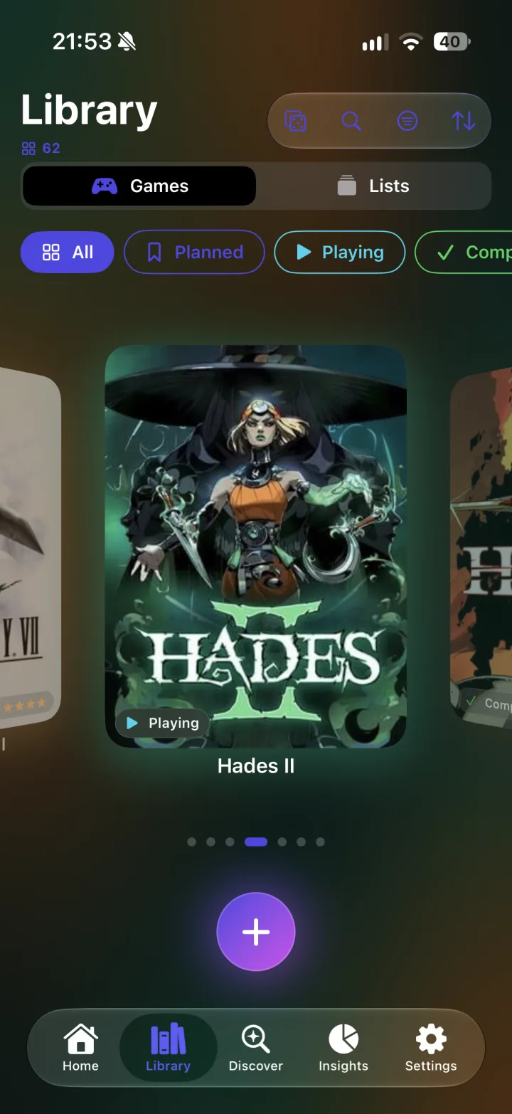 Library as a cover carousel, filtered by status
