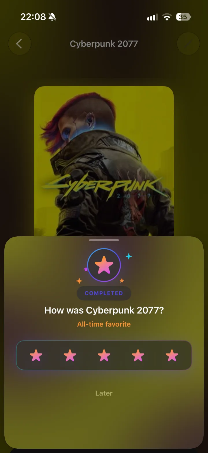 Rating sheet after finishing Cyberpunk 2077, marked as an all-time favourite