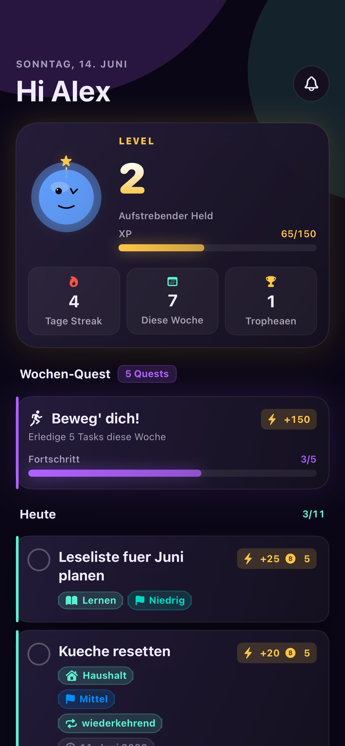 KanToDo dashboard with level, streak and weekly quest