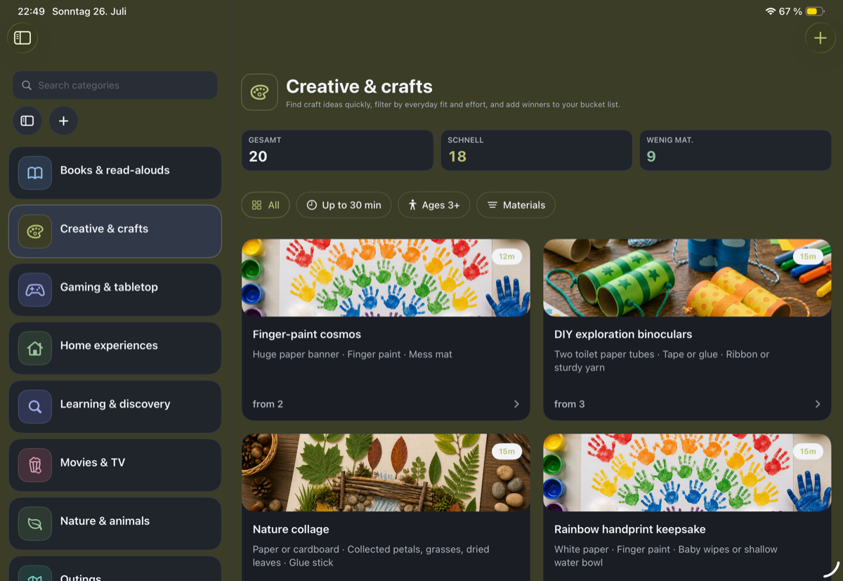Creative & crafts category on iPad with real craft ideas