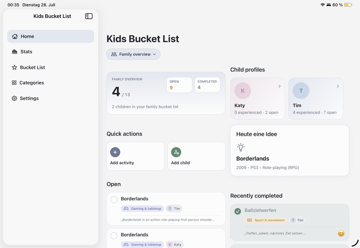 Kids Bucket List on iPad with sidebar and family overview