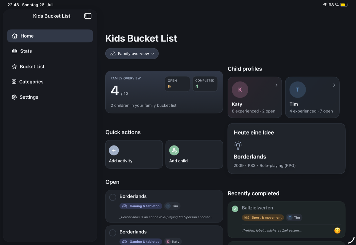 Kids Bucket List on iPad with sidebar and family overview