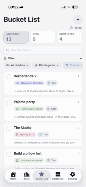 Kids Bucket List – bucket list view with The Matrix, Borderlands 2 and Pajama party