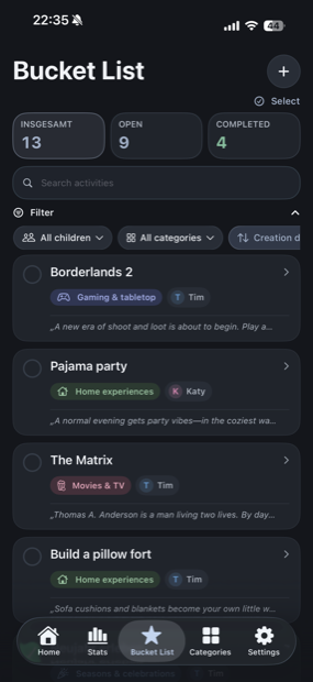 Kids Bucket List – bucket list view with The Matrix, Borderlands 2 and Pajama party