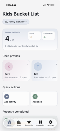 Kids Bucket List home screen with family overview for Katy and Tim