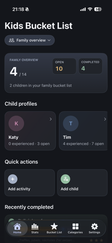 Kids Bucket List home screen with family overview for Katy and Tim