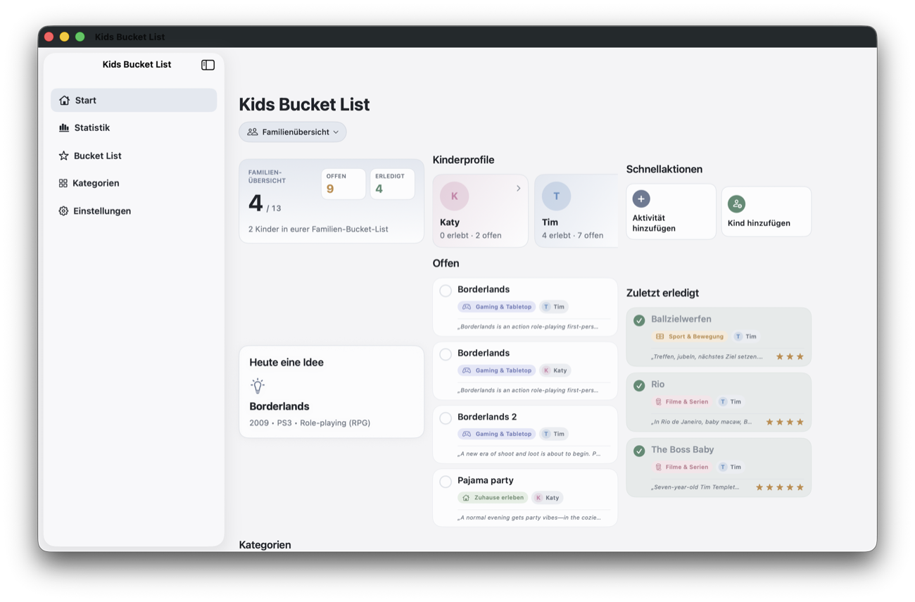 Kids Bucket List as a native Mac app with sidebar and detail view