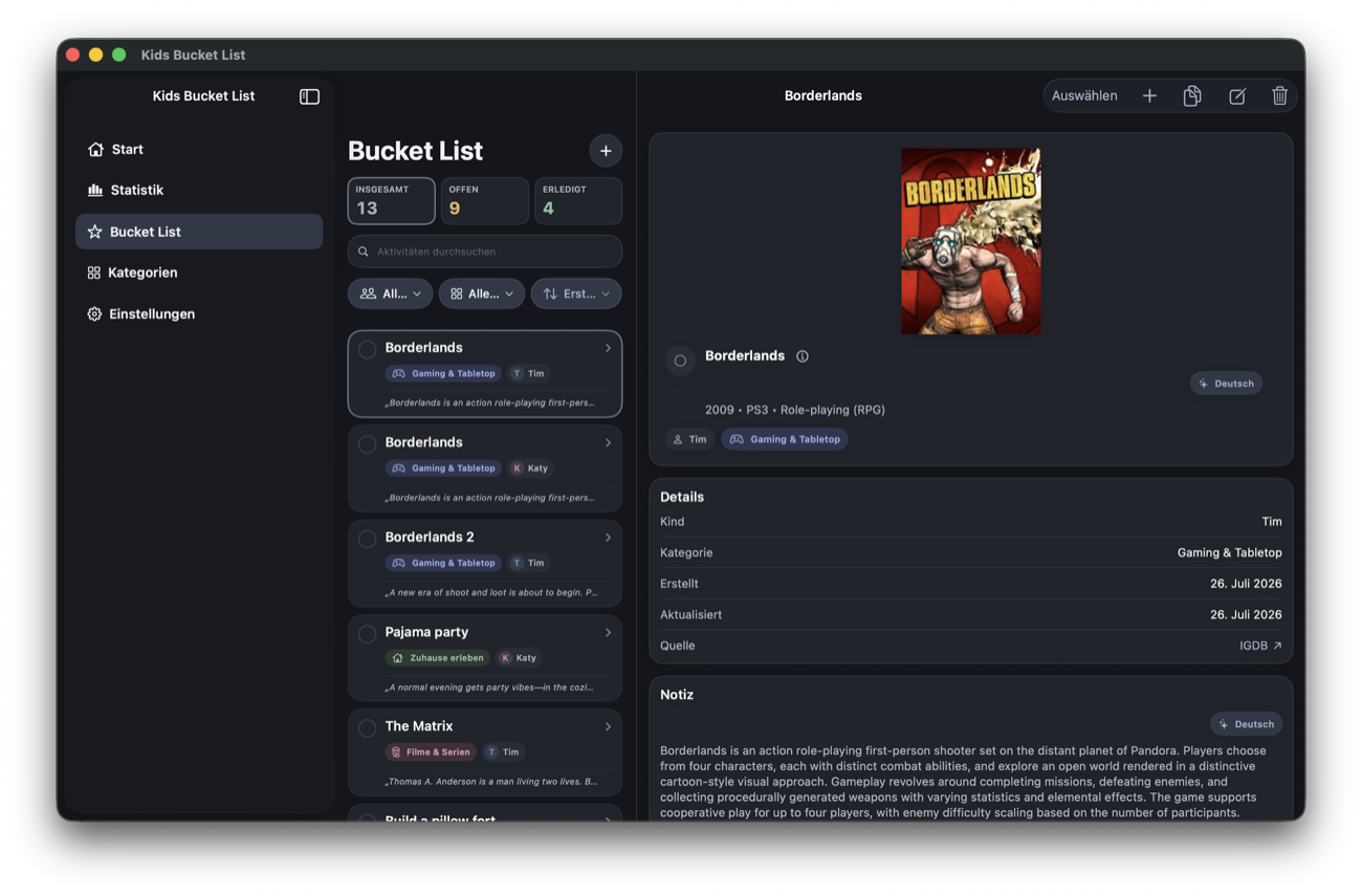 Kids Bucket List as a native Mac app with sidebar and detail view